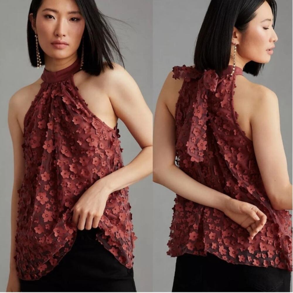 Anthropologie Eva Franco 3D Floral Halter Top Burgundy Cherry color size small